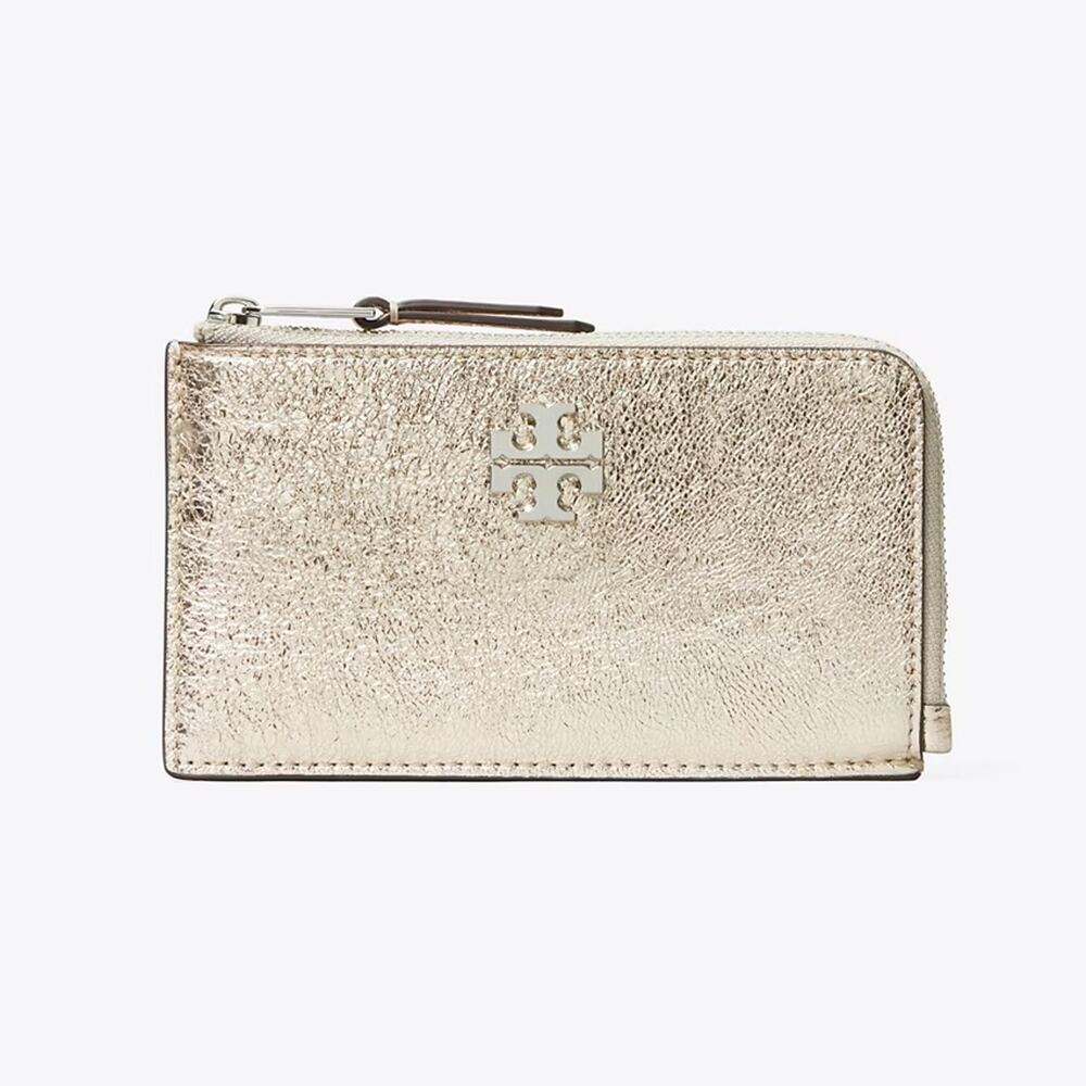 New‼️Tory Burch Britten Metallic Zip Card Case 182585 White Gold $160